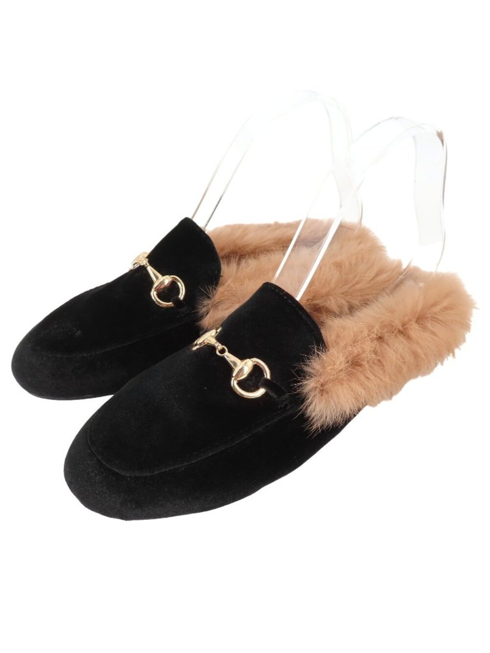 Womens 39 Black Velvet Gold Metal Horse Bit Brown Rabbit Fur Slide Shoes Slipper